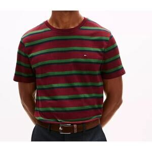 Tommy Hilfiger Men’s Striped T-Shirt Regular Fit Size M Burgundy Green New